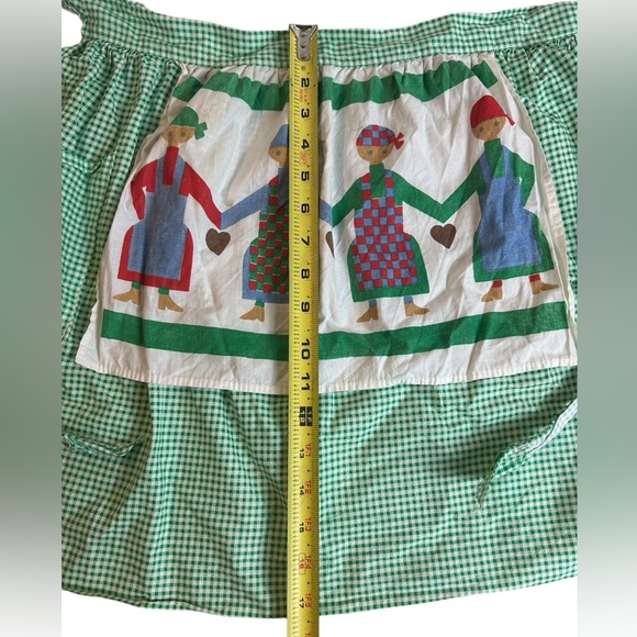 Vintage Half Apron Women Gingham Green Pockets Tie Waist Folk Country Farmhouse - Picture 2 of 6